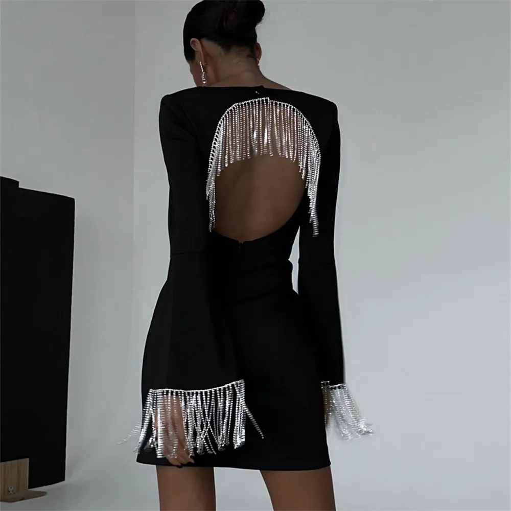 Casual Dresses 2023 Autumn And Winter Square Neck Diamond Chain Tassel Backless Dress Autumn High-Quality Trumpet Sleeve Bag Hip Skirt Women's