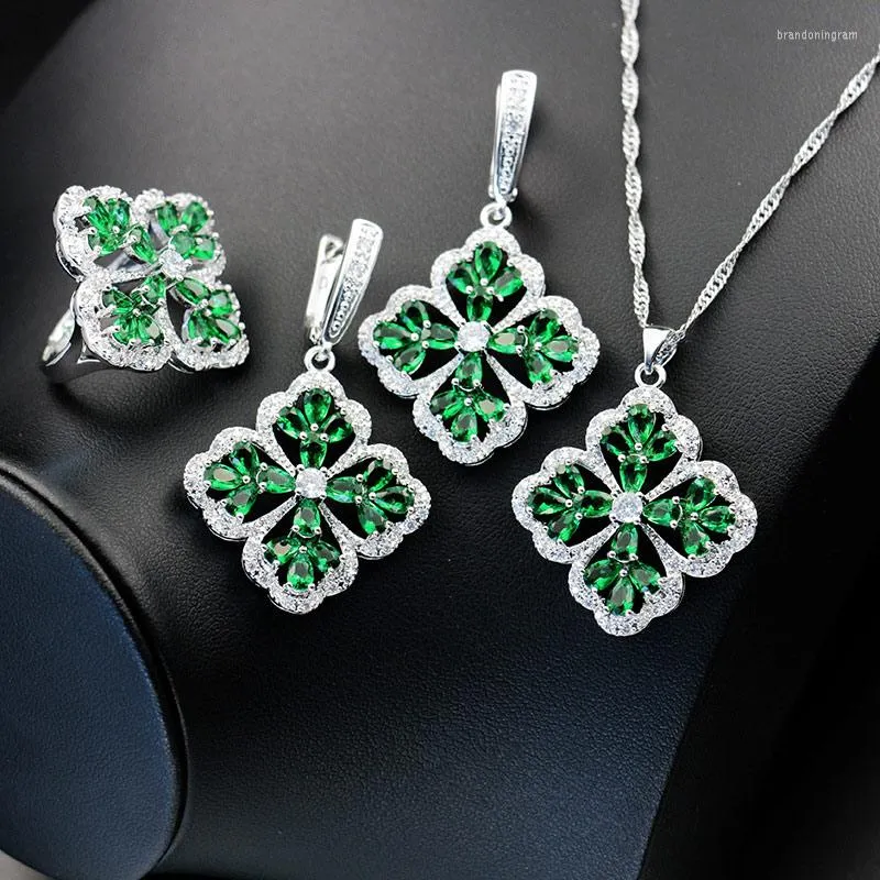 Necklace Earrings Set Shiny CZ Big Lucky Leaf Many Colors Silver Color Jewelry Ring For Women Factory Outlet