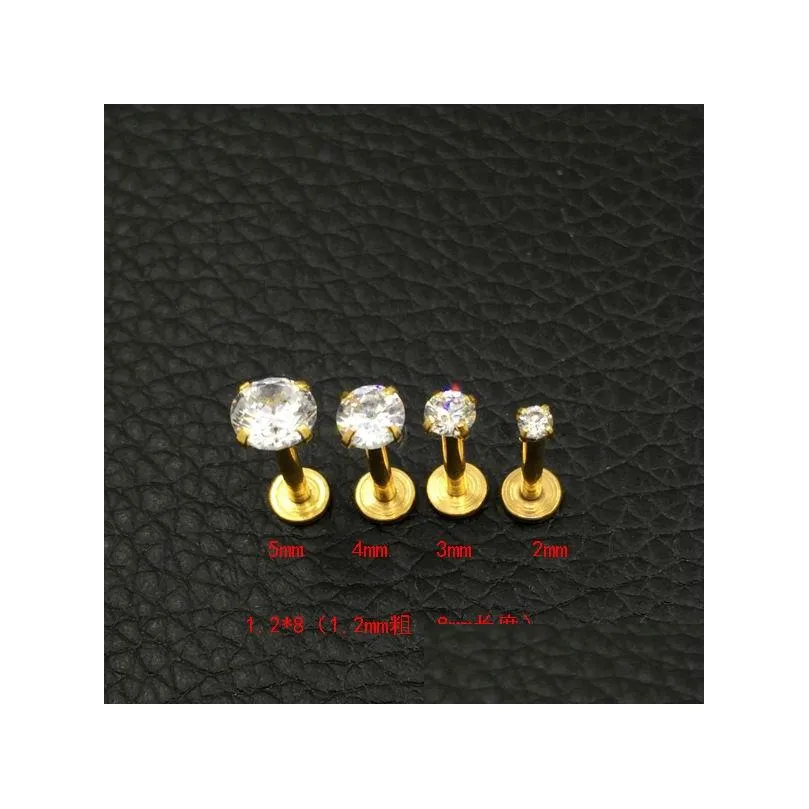 Labret Lip Piercing Jewelry Crystal Crystal CZ Gem Stud Gold Labret Tragus Earrings 316L 스테인레스 스틸 지르콘 손톱 의료 손톱 2m DH47C