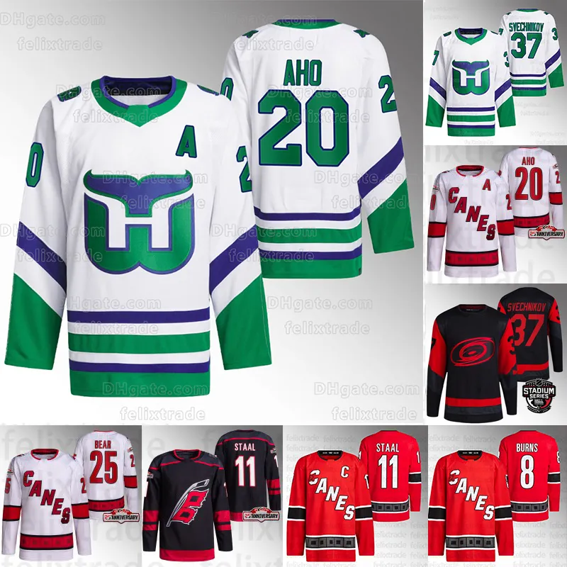 Sebastian Aho Hurricanes 2024 White Hartford Whalers Jersey Jaccob Slavin Max Pacioretty Dylan Coghlan Frederik Andersen Stanley Cup Stadium Series Jerseys