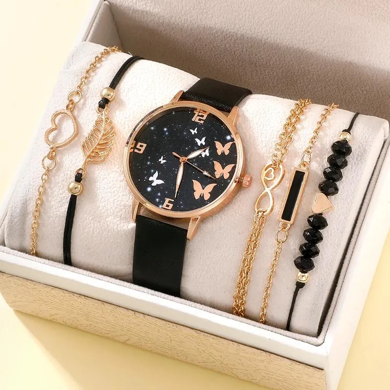 Armbanduhren Mode Damen Lederuhr Exquisite Schmetterling Zifferblatt Quarz mit Damen Armband Kombination Set (ohne Box)