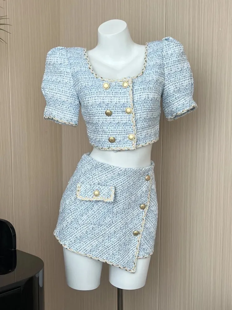 Vestido de duas peças elegante chique vintage tweed conjunto outfits manga bufante duplo breasted tops assimétricos mini saia ternos 231114