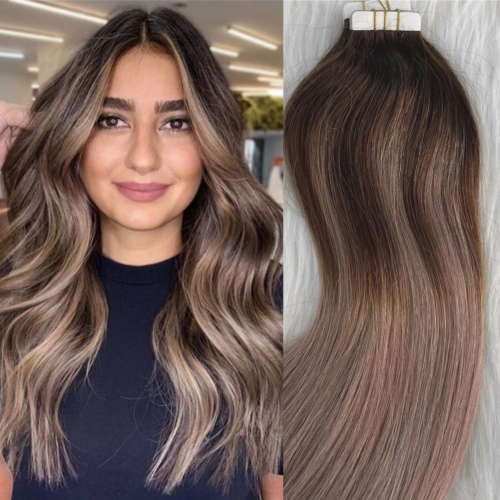 Fita de fita em extensões de cabelo ombre cabelo humano castanho a cinza loira balayage fita de trama invisível de pele na extensão 100g/40pcs