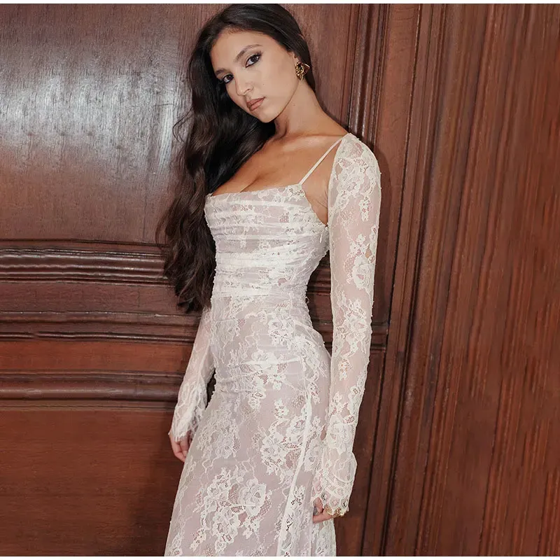 Elegant Lace Embroidery Sling Maxi Dress, Fashion Sleeveless