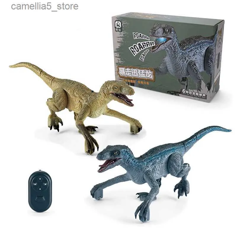 Electric/RC Animals Kids Remote Control Dinosaur Toys RC Electric Walking Jurassic Dinosaur Simulation Velociraptor Toy med LED -ljus och brusande Q231114