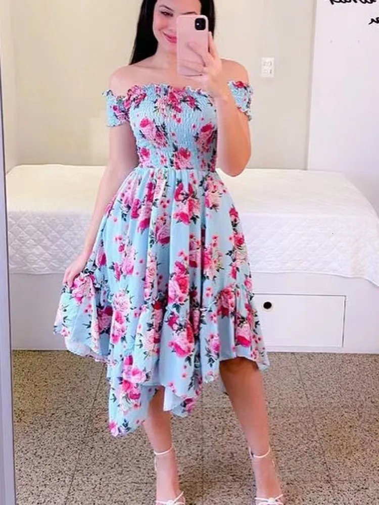 Casual Dresses Summer Sexy Off Shoulder Short Sleeve Sweet Farterfly Rainbow Floral Print Ruffles for Women 230414