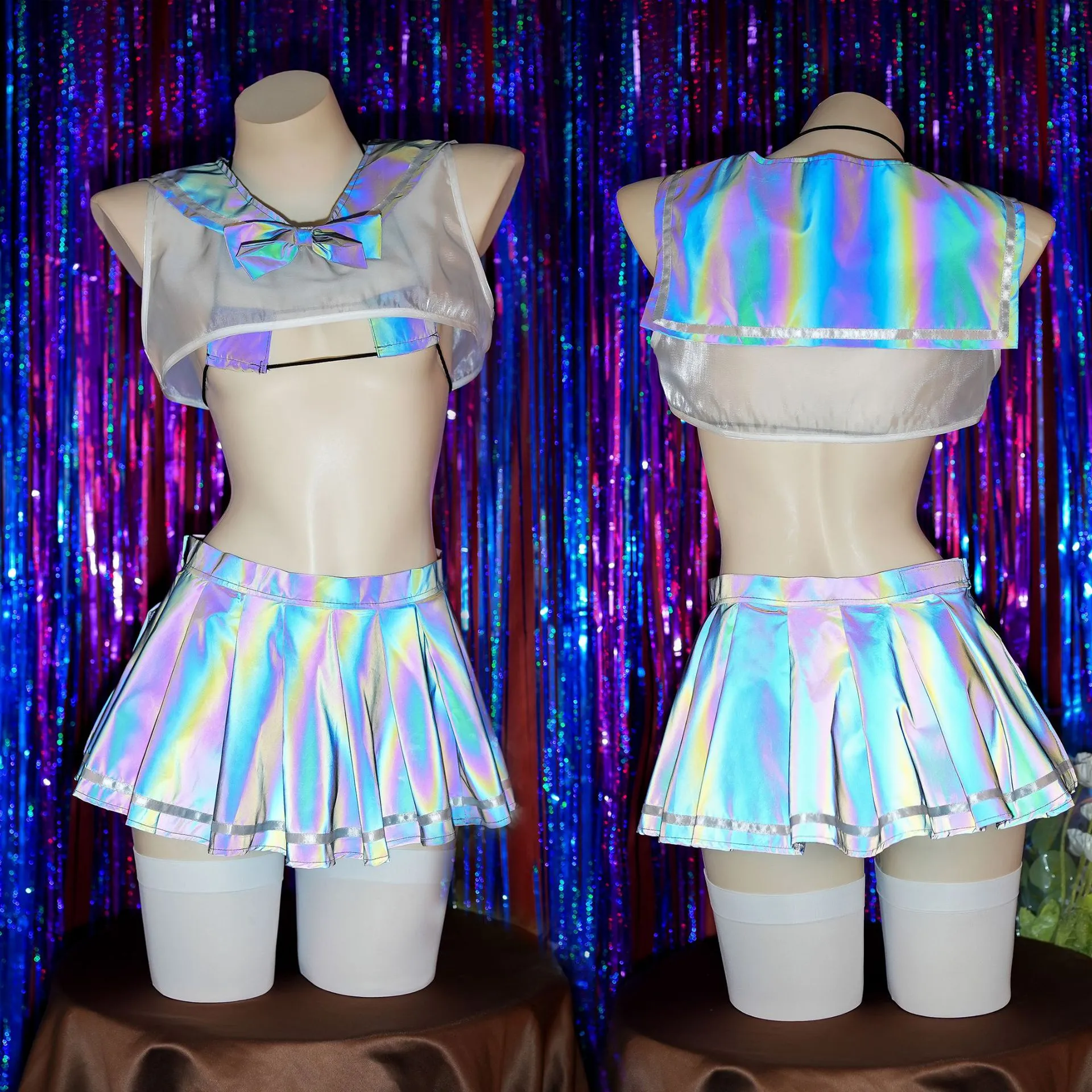 Two Piece Dress Reflective Women Sexy Transparent Glow-In-The-Dark Sailor Suit