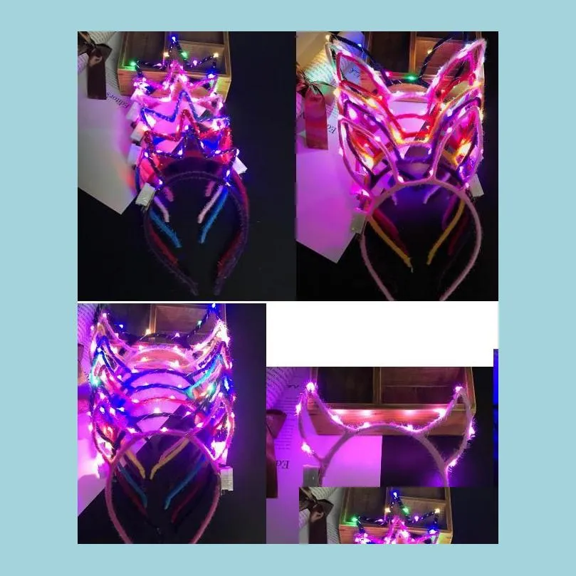 Andra festliga festförsörjningar Led Light Up Cat Rabbit Mice Ear Horn Crown Pannband ADT Kids Glowing Flashing Hairband Hoop Prom Con Dheeq