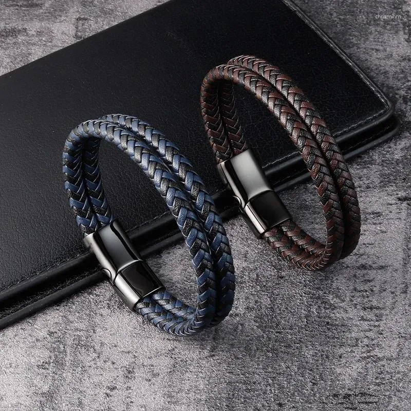 Charme pulseiras moda pulseira de couro genuíno para homens marrom preto corda corrente de aço inoxidável fecho magnético punk jóias legal presente