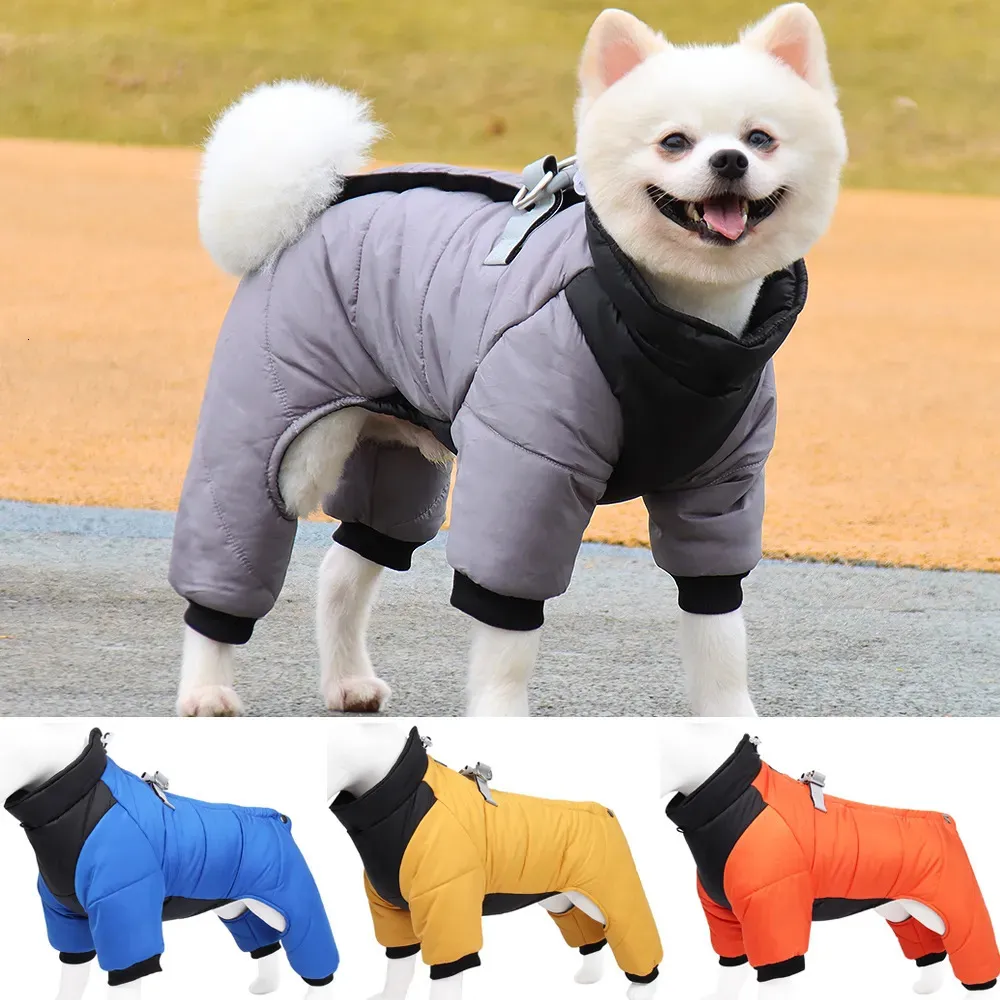 Dog Apparel Winter Warm Jacket Reflective Four Legged Clothes Outdoor Waterproof Windproof Traction Harness Jumpsuit French Bulldog Coat 231113