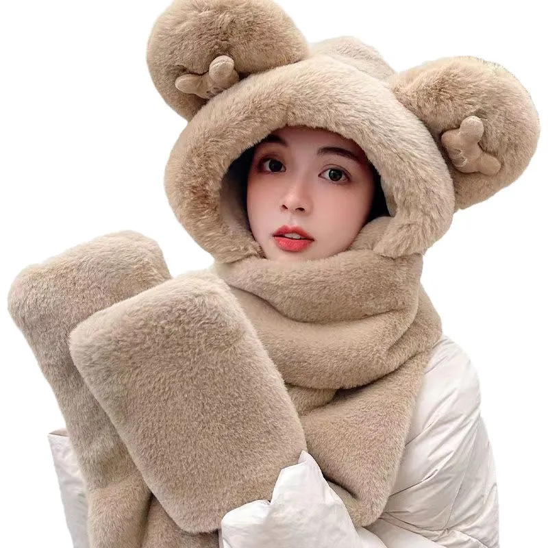 Kawaii Bear Ear Designer Beanie Skull Caps Scarf Hat Glove Set Hat Intensification Fleece Warmth Scarves For Cartoon High Quality Winter Windproof Ear-Protective