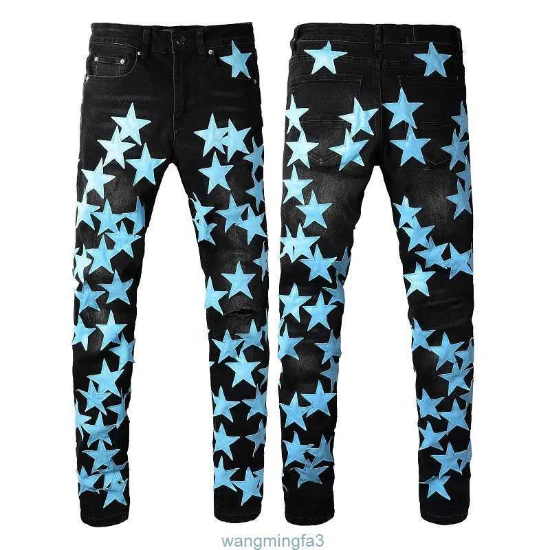 Męskie chude czarne rozryte dżinsy designer rip spodnie dżinsowa niebieska gwiazda plastry proste zamek błyskak
