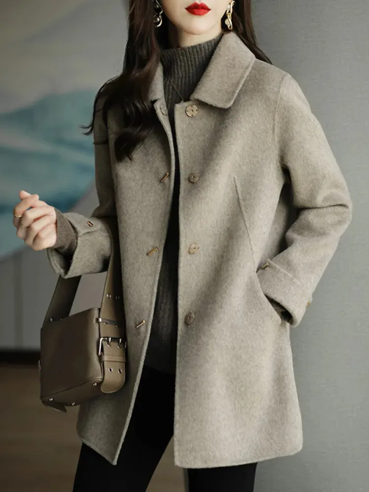 Damen-Wollmischungen-Wollmantel, schmal, modisch, Bürodame, quadratischer Kragen, einreihig, Wintermäntel für Damen, weit taillierte Tasche, schwarzer Mantel 231114