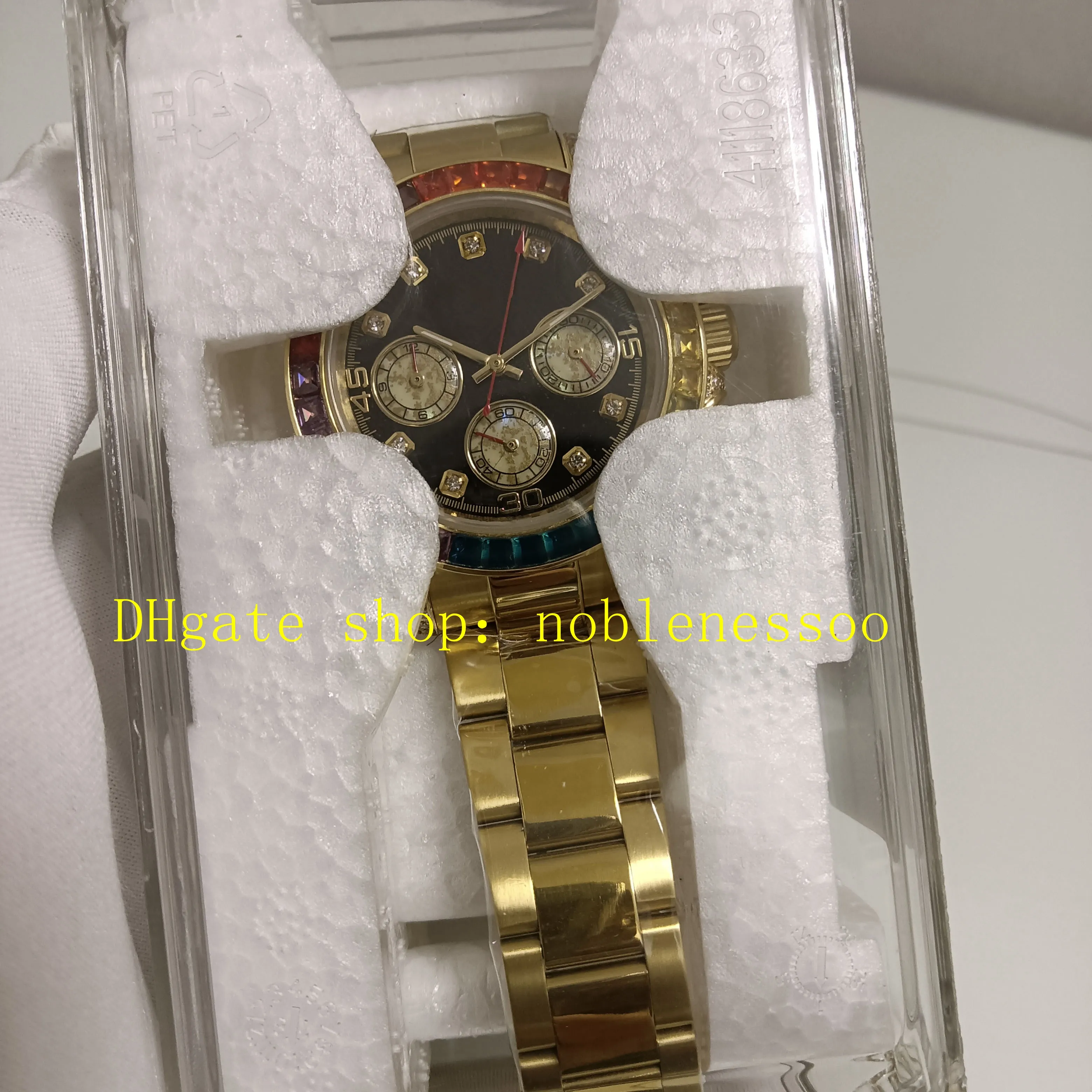 3 kleuren heren chrono horloge en cadeaubox echte foto heren 40 mm 116598 zwarte wijzerplaat diamant bezel 18k geel goud 116595 Everose kwarts chronograaf sporthorloges