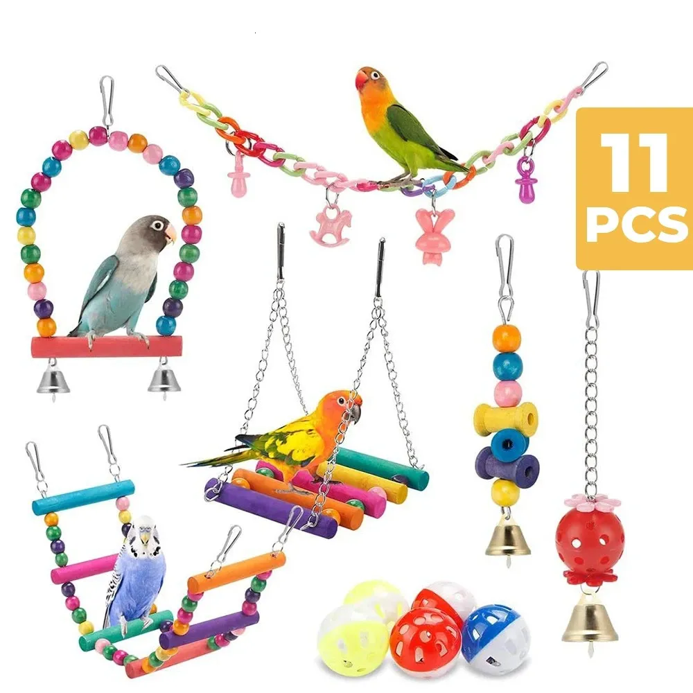 Autres fournitures d'oiseaux 11pcs jouets de cage pour perroquets oiseaux en bois balançoire fiable pont de morsure à croquer perles en bois forme perroquet jouet 231113