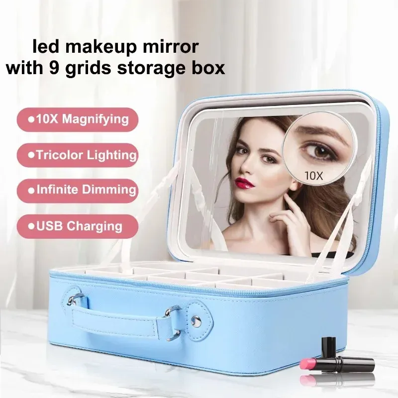 Compact Mirrors Portable LED Lighted Makeup Mirror Bag Big Aesthetic Travel Cosmetic Case PU Leather Make Up Tools Vanity Accessories for Women 231113