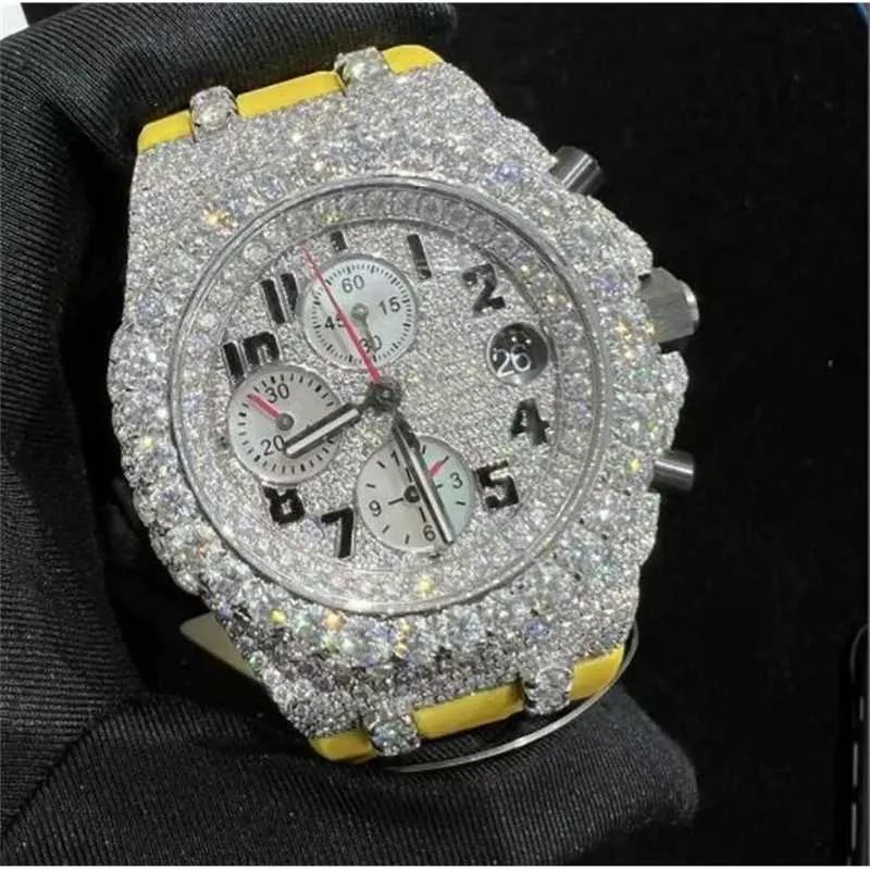 AP 10 estilos Moissanite Diamond Watch Iced Out Relógios Passe Diamonds Test Silver Case Amarelo Strap Top Quality Eta Cronógrafo Automático Mens Relógios de Pulso