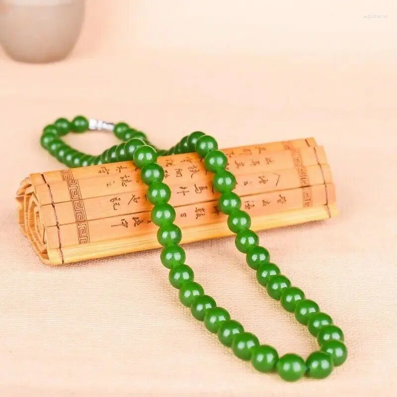 Hängen 8/10mm grön naturlig jade halsband jasper runda pärlor sträng smycken porslin hand snidande mode amulet kvinnliga gåvor