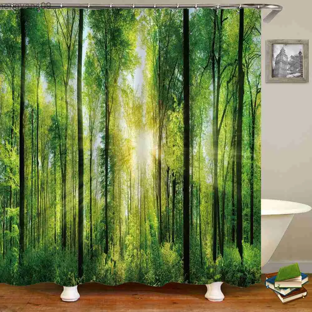 Tende da doccia 3D Foresta Tenda da doccia Pianta verde Montagna Acqua di sorgente Tenda da doccia Bagno Impermeabile Scenario Tenda decorativa R231114