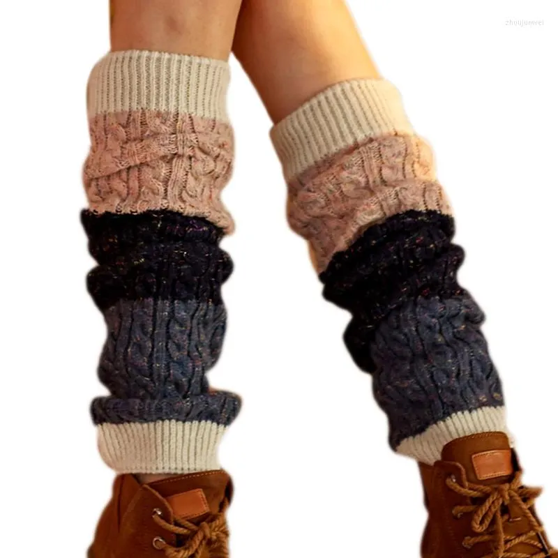 Women Socks Winter Chunky Twist Cable Knit Japanese Style Triple Colorblock Stitching Boot Cuffs Cover Faux Wool Thicken