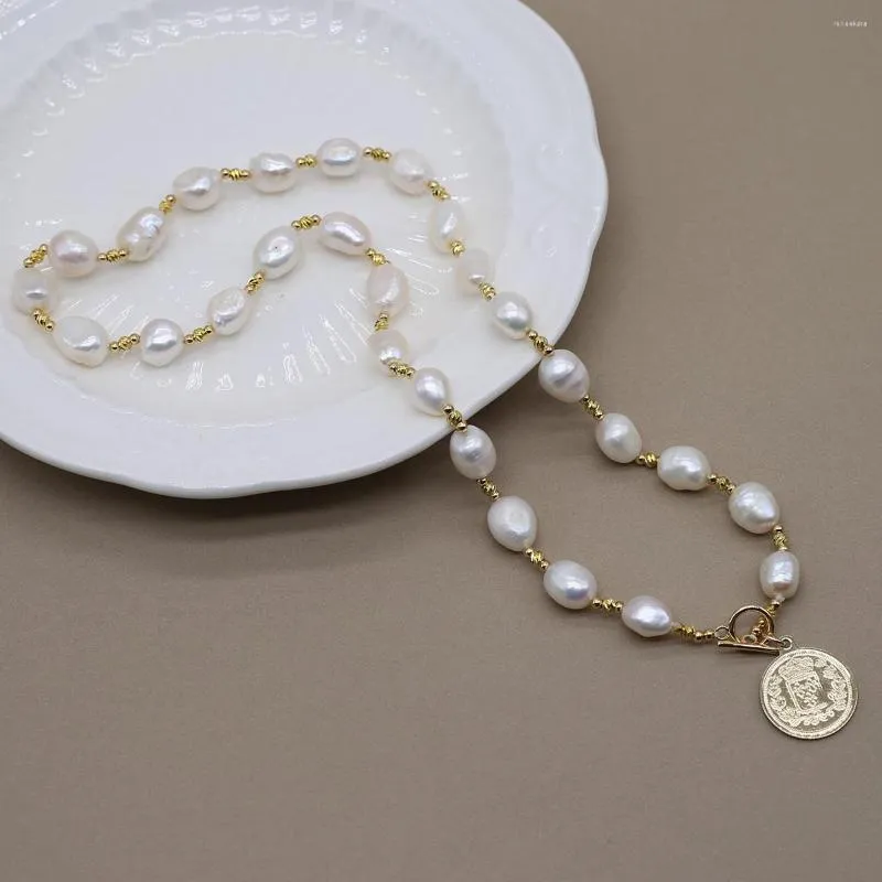 Kedjor naturlig barock sötvatten pärlhalsband runt pendellen spacer pärla metallkedja kvinnor charm smycken gåva 46 cm