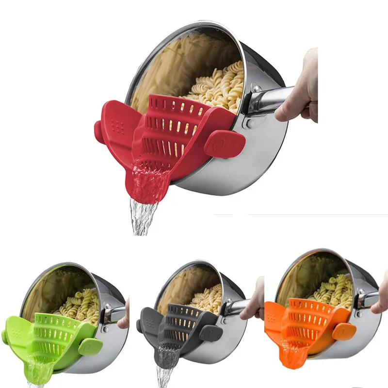 Fruktgrönsaksverktyg Silikon Köksfilter Clip Pan Drain Rack Bowl Tratt Ris Pasta Vegetabilisk tvätt durerande dränering av överflöd 230414