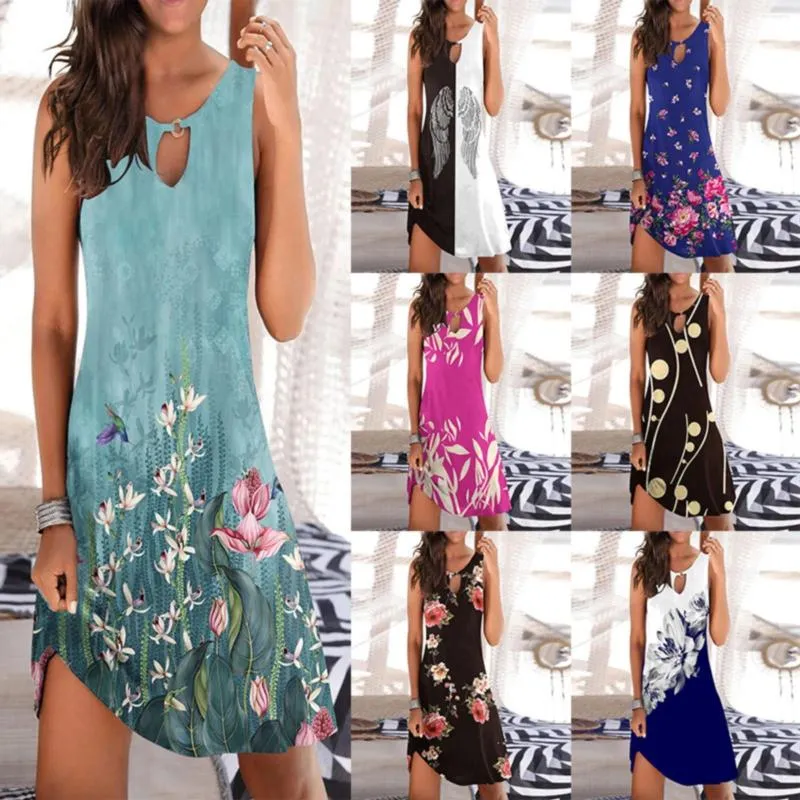 Lässige Kleider Sommer für Frauen Stranddruck T-Shirt Sommerkleid Taschen Boho Tankkleid