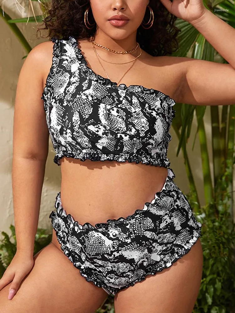 Women's Swimwear Snake Skin High Waist Plus Size Bikini Flounce One Shoulder Bandeau Push Up Large Women Swimsuit Bigi Bathing Suit