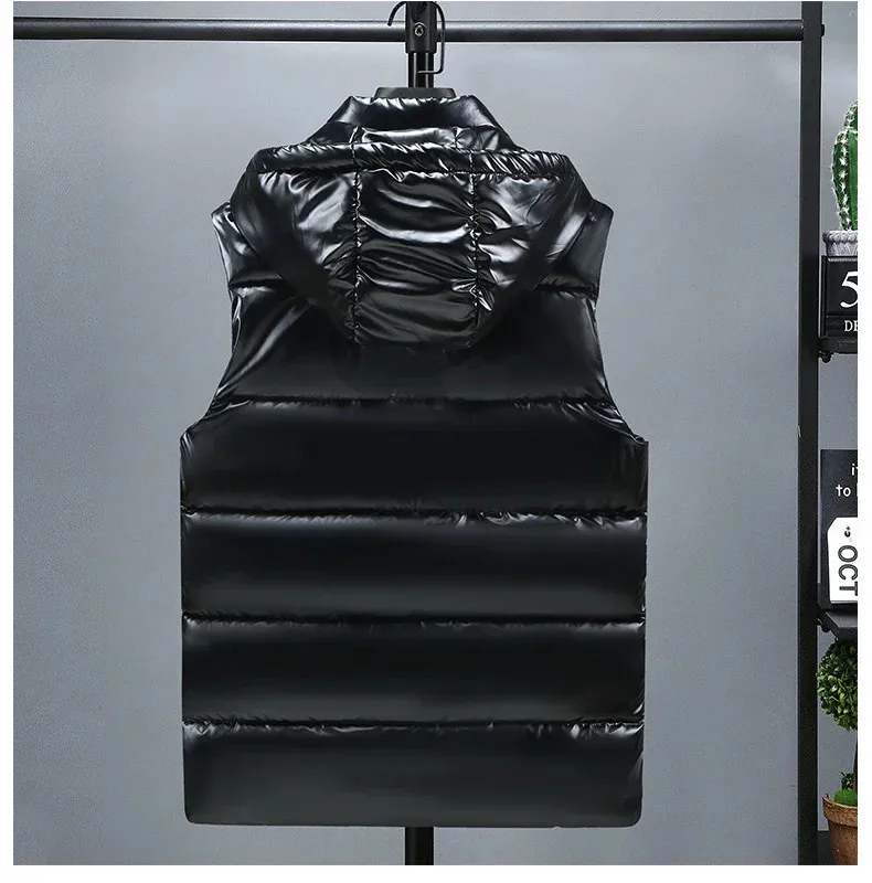 Men's Vests #3623 Black Grey Casual Waistcoat With Hooded Autumn Winter Shiny Surface Mens Warm Vest Bodywarmer_voghion.com