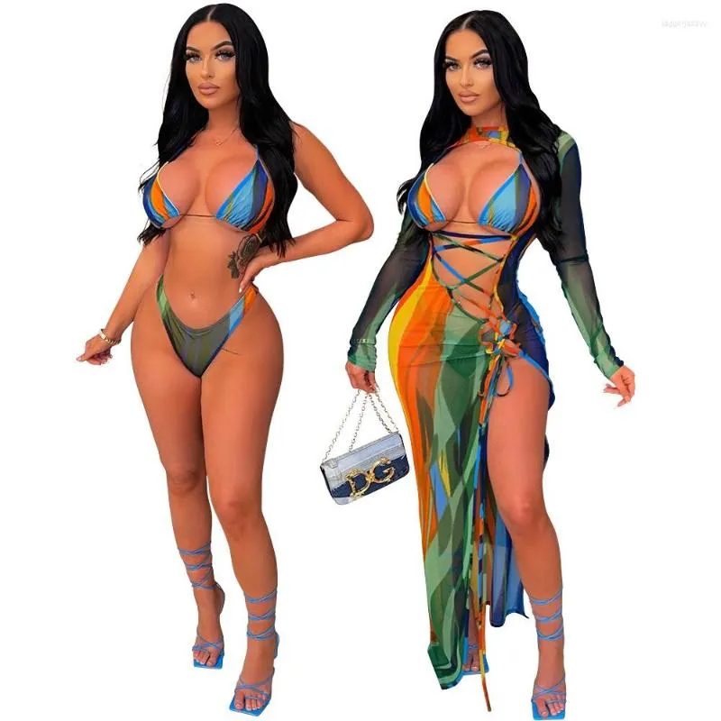 Casual Dresses Summer Fashion Printed Three-Piece Set Women's Sexy Irregular Lace Up Backless Side Slit See-through Long Dress