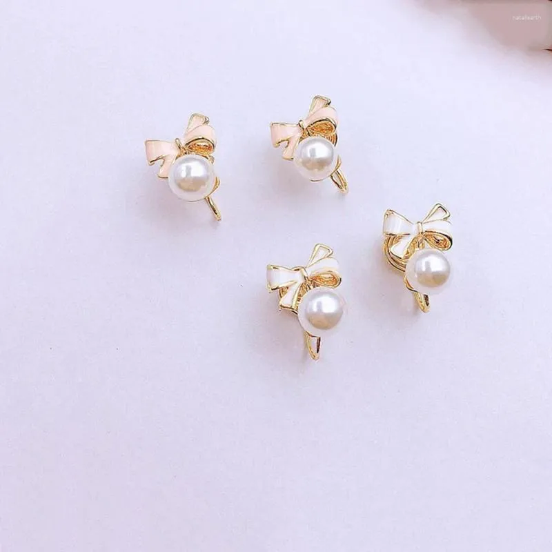 Backs Earrings White Pink Enamel Bowknot Clip On Non Pierced Geometric Jewelry Round Simulated Pearl Ear Cuff Earings Bridal Gift