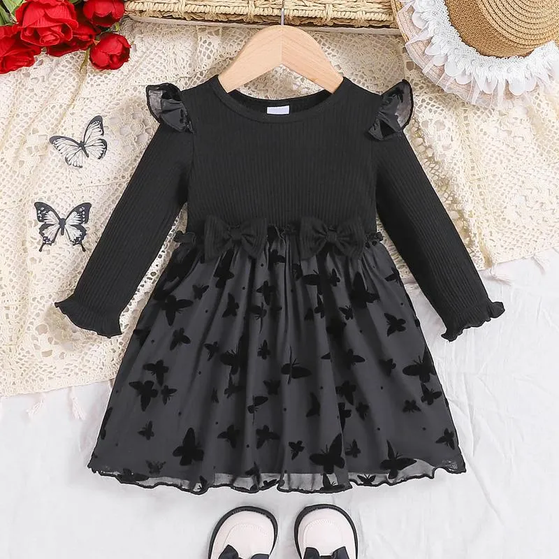 Mädchen Kleider Kleid Baby Mädchen 0-3 Jahre Schwarz Langarm Ribbes Mesh Patchwork Für Geboren Outfits Geburtstag Party