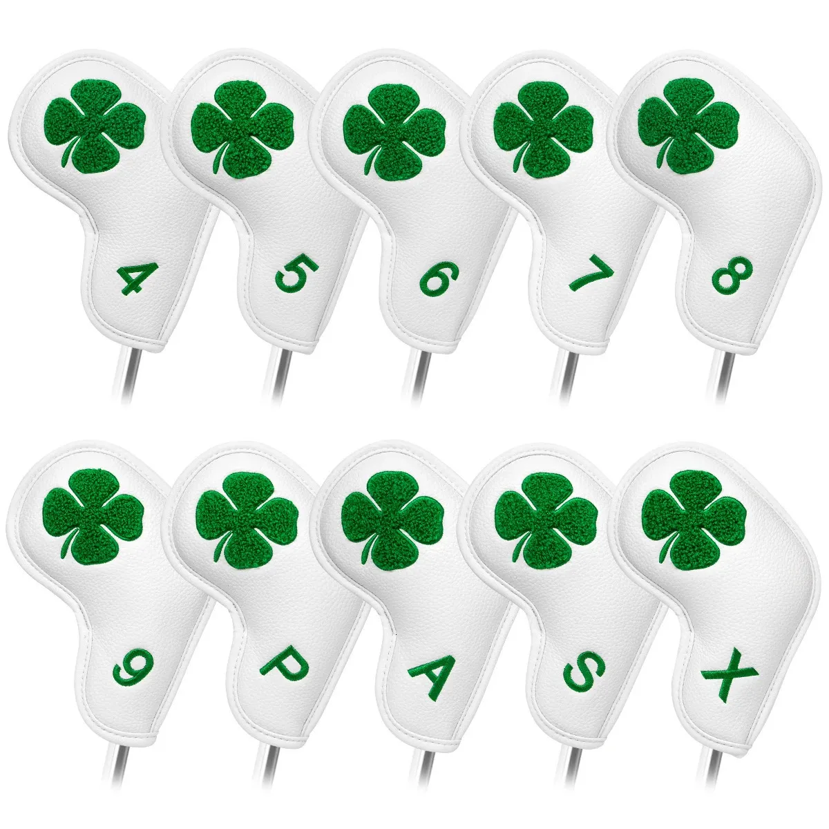 Andere golfproducten Golf Iron Head Covers 10pcs/set Golf Club Iron Headovers met klittenband Handdoekborduurwerk Lucky Clover Wit Premium leer 231114