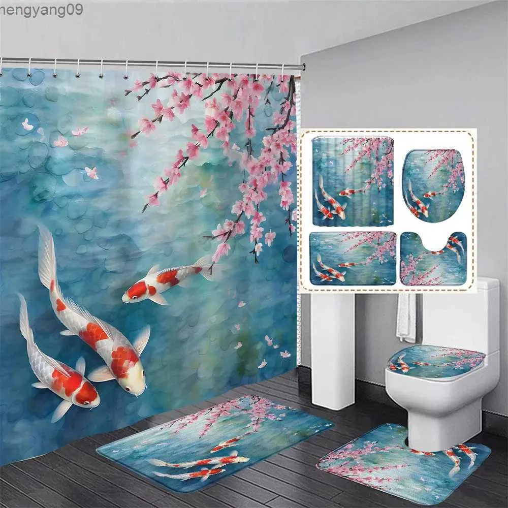 Rideaux de douche Fleurs roses carpe rideau de douche ensemble fleur de cerisier Koi poisson aquarelle salle de bain décor tapis tapis de bain couverture de toilette R231114