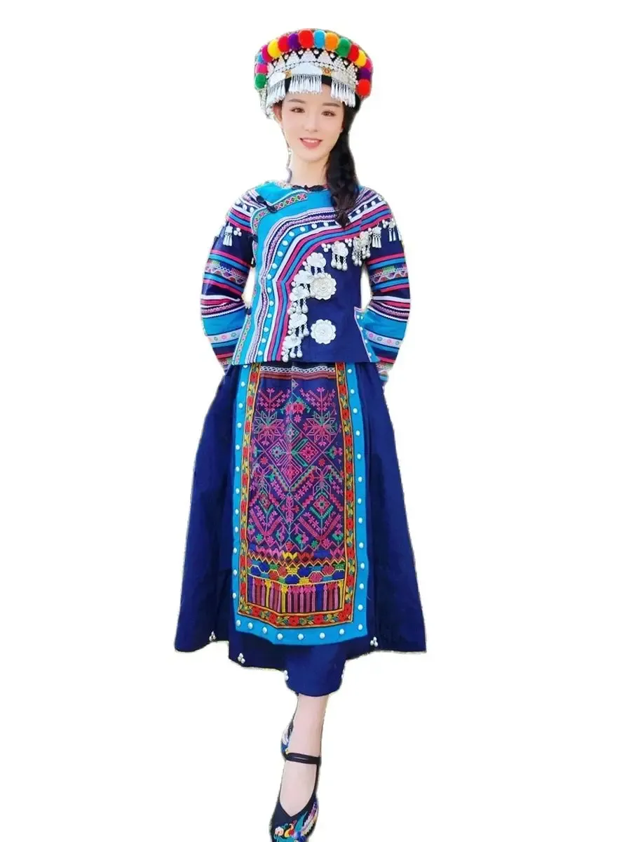 Women stage wear Hmong Clothing Blue Miao Dance suit Chinese ethnic dress Apparel festival party performance costume