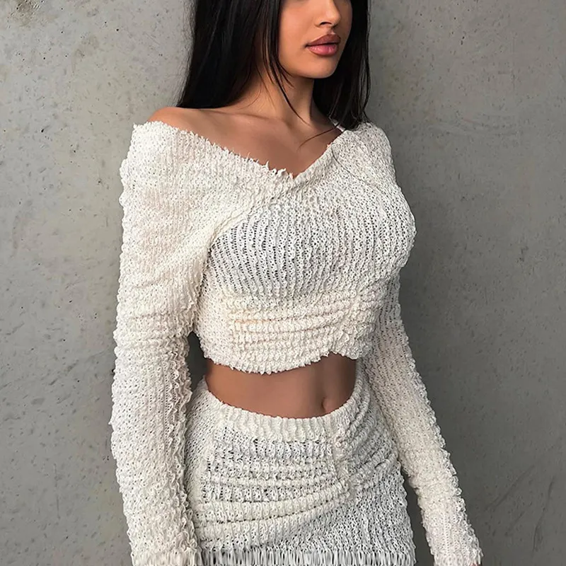 Signe da 2 pezzi Set Pearl Rhinestone Sexy Women Sleeve Lun Long Inserture Crop Tops Spalato set midi Streetwear Skirt Abiti