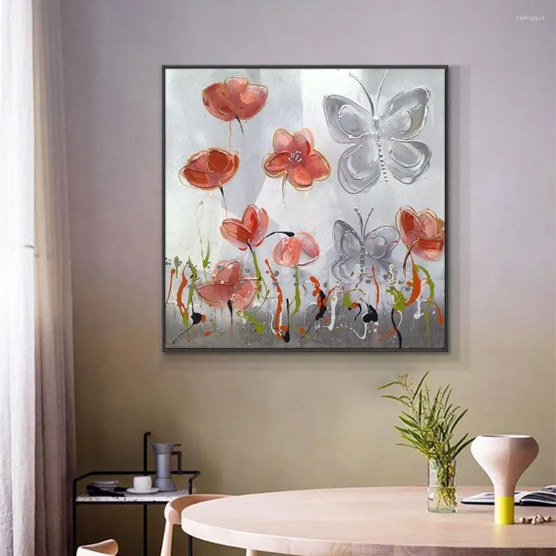 Peintures Fleurs Abstraites Avec Papillon Peinture Sur Toile Peint À La Main À L'huile À La Main Décoratif Mur Art ForLiving Room