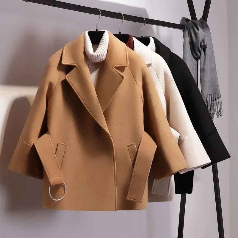 Kvinnors ull blandar våren Autumn Winter Women Short Woolen Coat Belt Jacket Kvinnliga raglan ärmar Kappa jackor Elegant singel -knapp Black Camel 231113