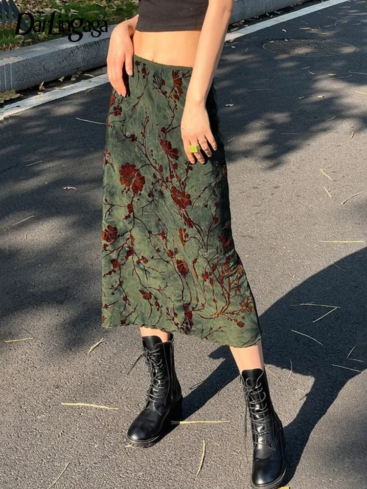 Rokken darlingaga y2k groene sprookje grafische gedrukte midi rok vintage esthetische franje chic mode dames rokken grunge outfits 230414