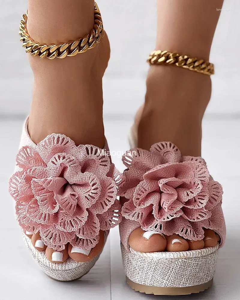 Sandaler blommor mönster kil toffel sommar kvinnor mode fasta färg dagliga skor öppen tå tjocka sula höga klackar