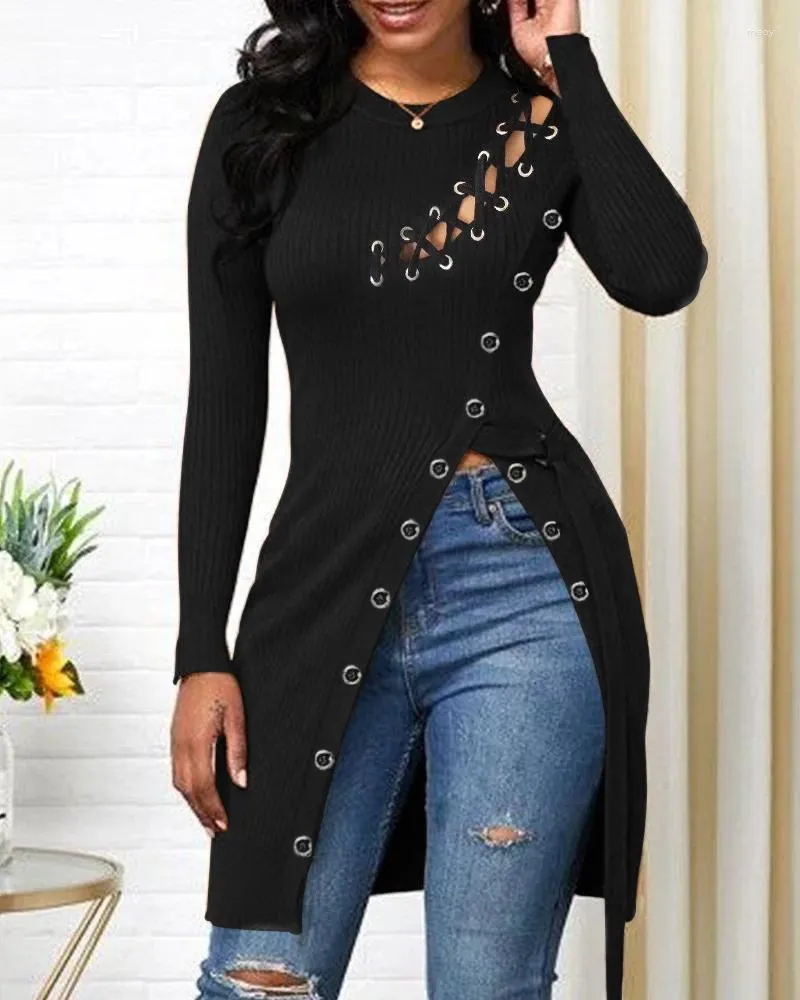 سترات من سترات النساء حبة الأظافر طويلة الأكمام y2k أعلى نساء جوفاء خارج قمم Tees Sexy Club Criss Cross Split Work أنيقة حفلة الربيع