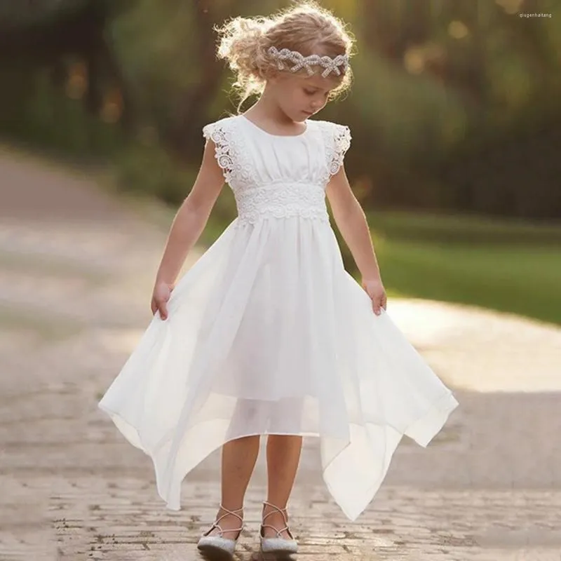 Girl Dresses Summer Girls White Lace Cotton Dress Waves Wedding Costume Toddler Ins Fashion Wear Causal Beach Clothing