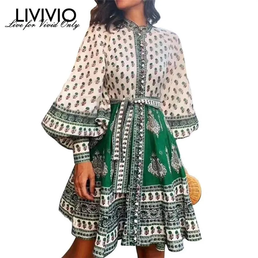 LIVIVIO Vintage Floral Print Lange Puff Sleeve Lace Up Taille Elegante Damen Mini Kleid Herbst Kleidung für Frauen Koreanische Y200102303t