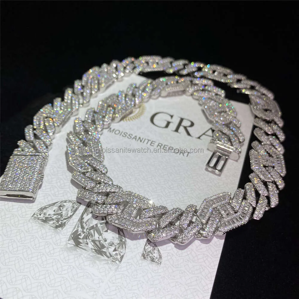 Baguette Gold Plated Hip Hop Men smycken Sier VVS Moissanite 15mm Chain Iced Out Cuban Necklace
