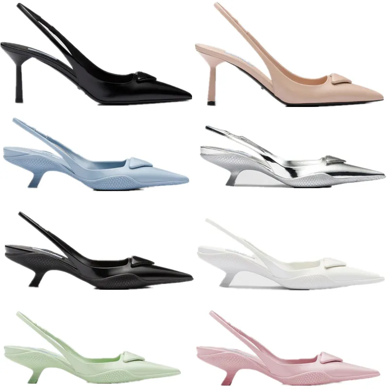 2023 Kobiety Sandals Designer Wysokie obcasy z błyszczącymi skórzanymi tylnymi paskami Białe różowe czarne zielone modne baletowe buty z pudełkiem