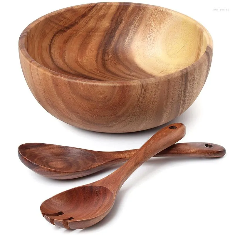 Miski (5 w tuzinu) drewnianej miski sałatkowej Large 9,4-calowa drewniana miska drewniana z łyżką można użyć do owoców