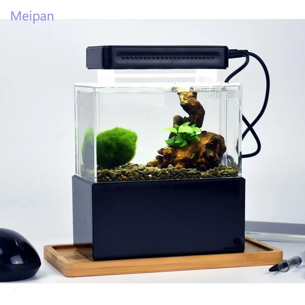 Aquariums Portable Mini Betta Fish Tank Aquarium Desktop Decorations Marine Aquaponic Fishes Bowl With Water Fliter USB Air Pump LED Light 230414