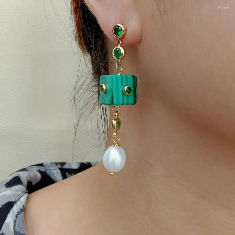 Dangle Earrings KKGEM 12mm Natural Green Malachite Cube White Rice Freshwater Pearl