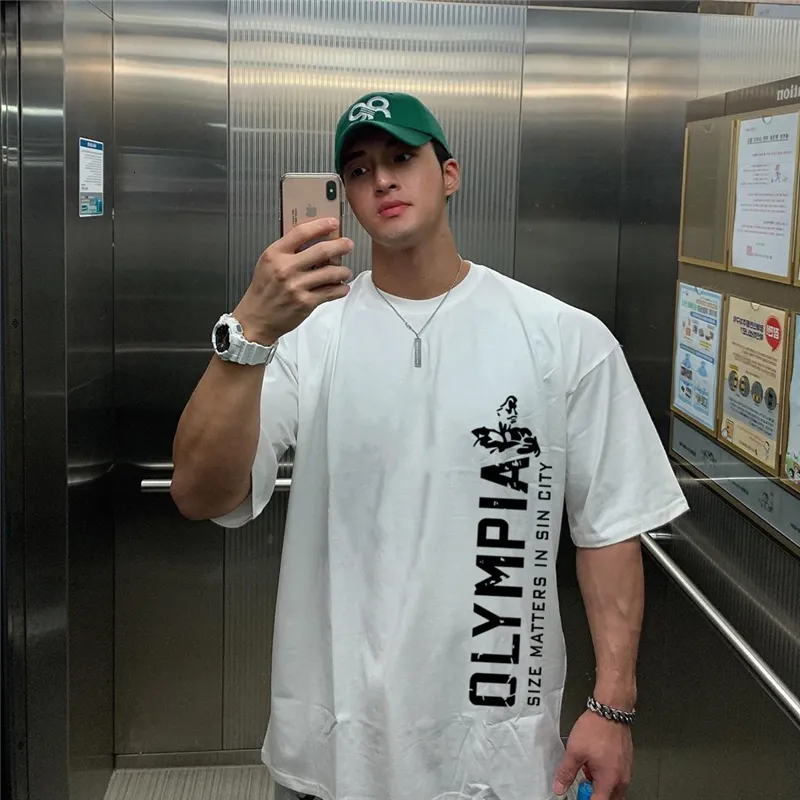 Magliette da uomo T-shirt oversize Tinta unita Abbigliamento da palestra Bodybuilding Fitness Abbigliamento sportivo allentato Maglietta Streetwear Moda 230414