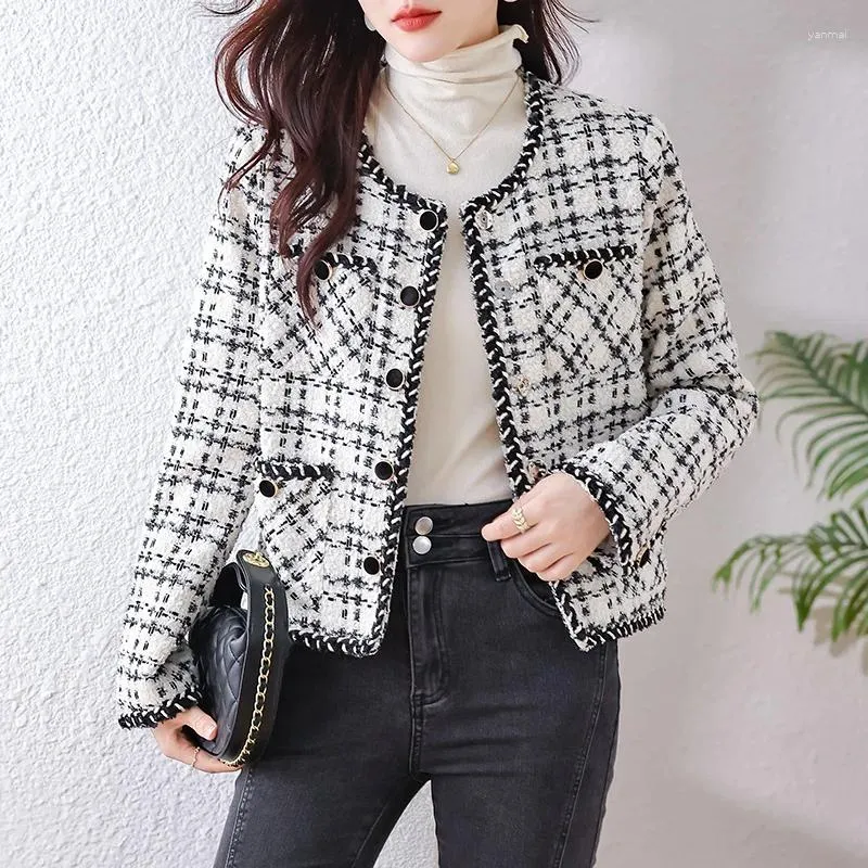 Damenjacken 2023 Herbst Runway Herbst Elegante Webart Schwarz-Weiß-Plaid Frauen Blazer Kausal Tweed Mantel Büro Damen Anzugjacke Outwear